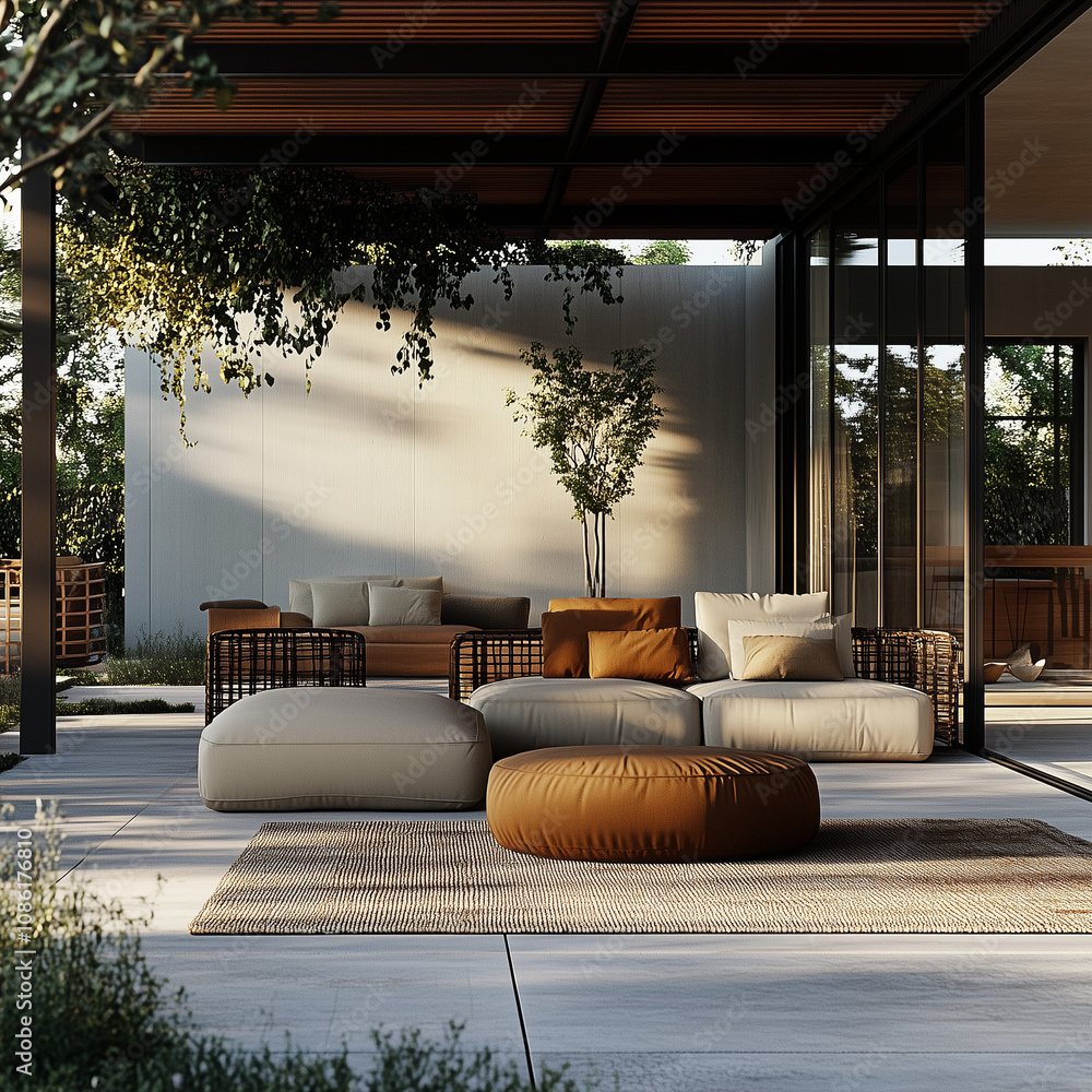 A black metal modern garden canopy with cream fabric, set in the corner of an outdoor terrace with sofas and plants, photorealistic. an elegantly designed outdoor living space