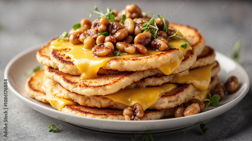 Savory pancakes with melted cheese and beans topping Savory pancakes with melted cheese and beans topping