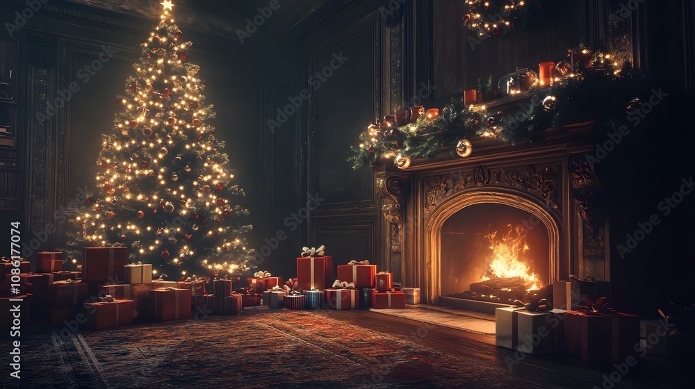 Christmas Tree, Fireplace, and Presents in a Cozy Room Christmas Tree, Fireplace, and Presents in a Cozy Room