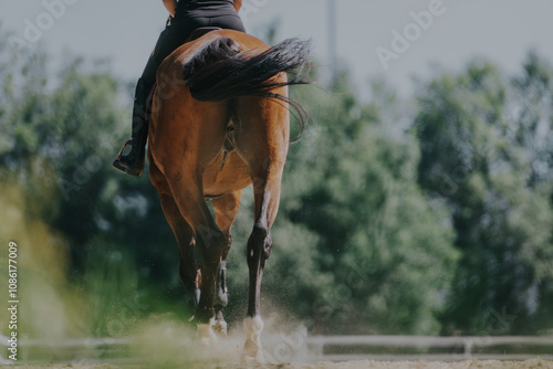 Vászonkép A rider is captured on a horse from behind, creating a dynamic scene amidst lush greenery