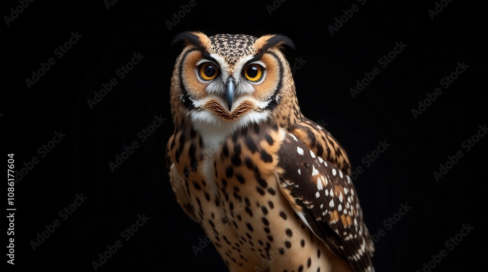 Naklejka premium Close-Up of Great Spotted Owl on Black Background Detailed View of Bubo Bubo