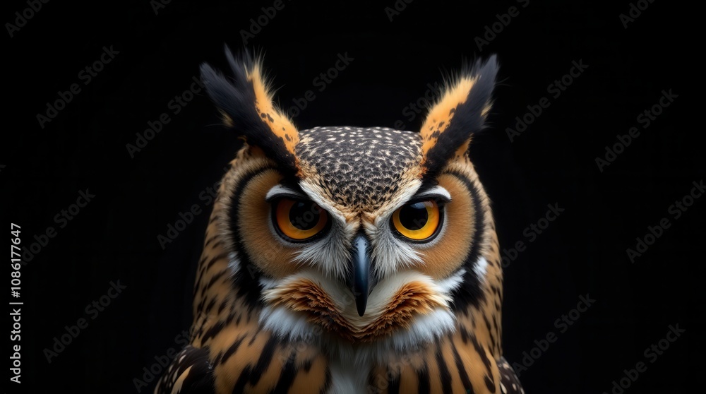 Obraz premium Close-Up of Great Spotted Owl on Black Background Detailed View of Bubo Bubo
