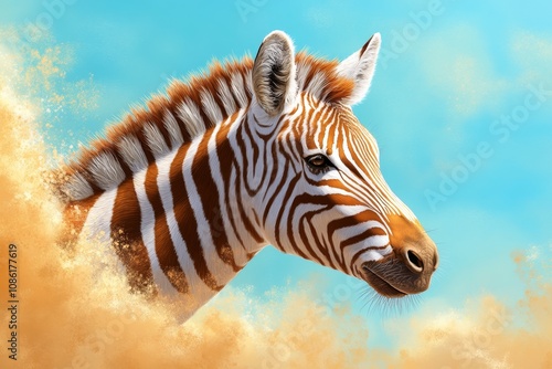 Abstract watercolor of a zebra with gentle color blending, adding a splash of blue and green around the stripes photo