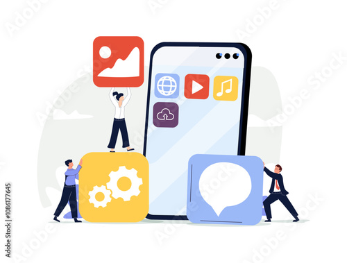 small people character decorated mobile technology. vector concept illustration flat design.
