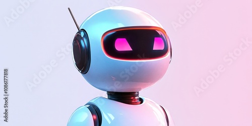 A white robot with red eyes and a pink background.