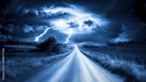 Calm Road Under Dramatic Thunderstorm Sky photo