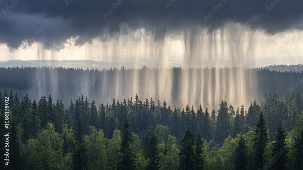 Fototapeta premium Majestic Rainfall Over Dense Forest Landscape