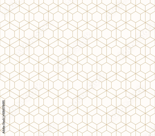 Abstract golden linear geometric seamless pattern. Subtle vector texture with thin lines, hexagon grid, net, lattice, diamond shapes. Luxury gold and white minimalist background. Repeated geo design