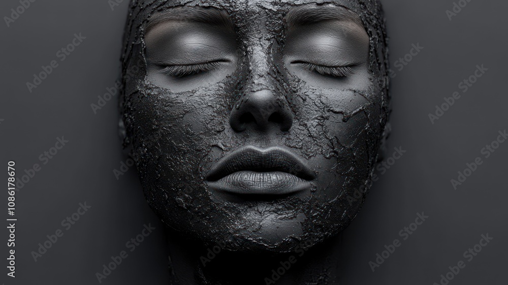 A sculpted black face with closed eyes against a dark background. A sculpted black face with closed eyes against a dark background.