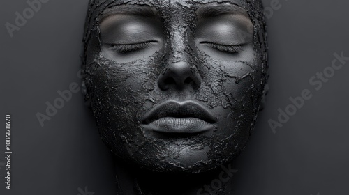 A sculpted black face with closed eyes against a dark background.