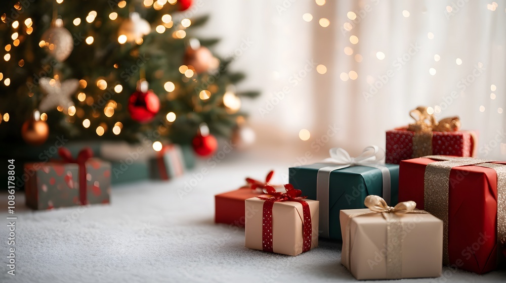Christmas Presents Under a Decorated Tree with Blurred Lights Christmas Presents Under a Decorated Tree with Blurred Lights