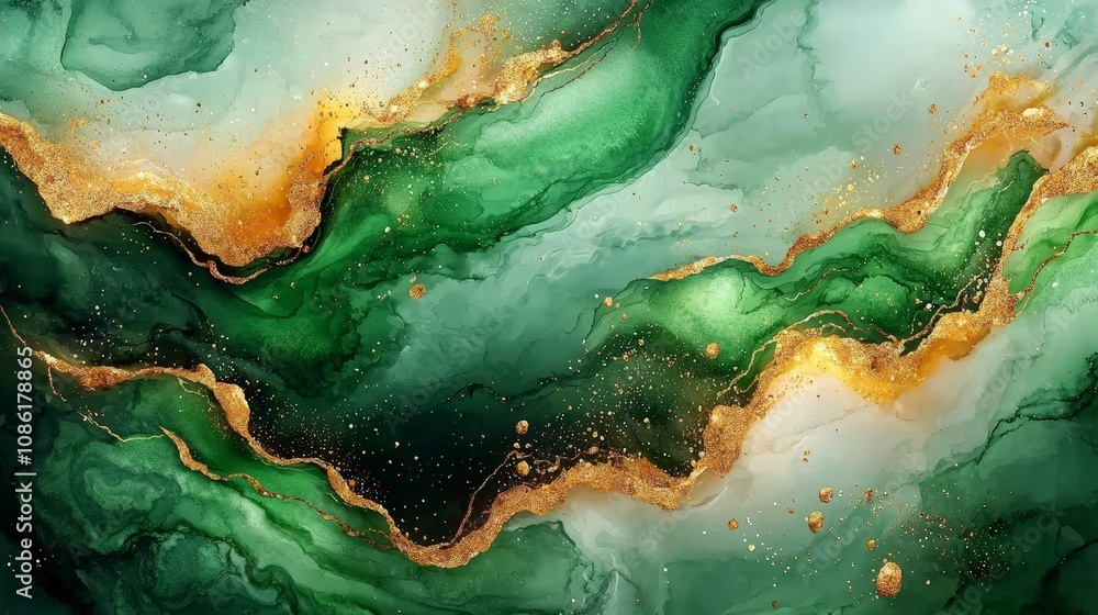 Abstract fluid art featuring green hues with gold accents and swirling patterns. Abstract fluid art featuring green hues with gold accents and swirling patterns.