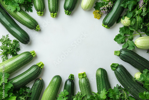 Green Zucchini and Fresh Herbs Arranged in a Circular Frame photo