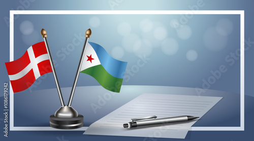 Denmark and Djibouti National flags on small table with bokeh background, cooperative relationship