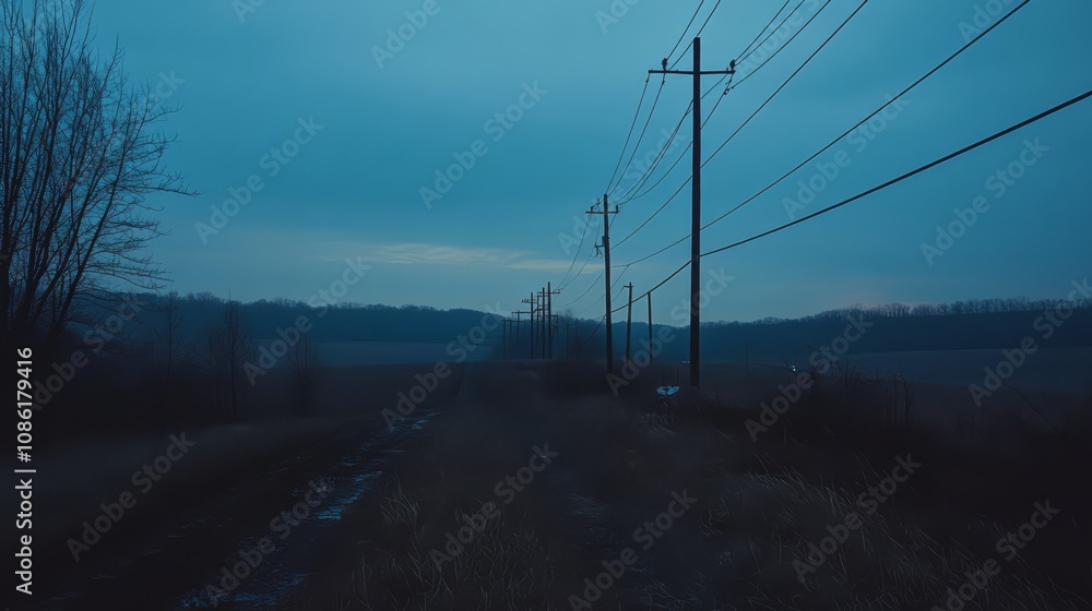 A rural road with power lines disappearing into the distance at dusk. A rural road with power lines disappearing into the distance at dusk.