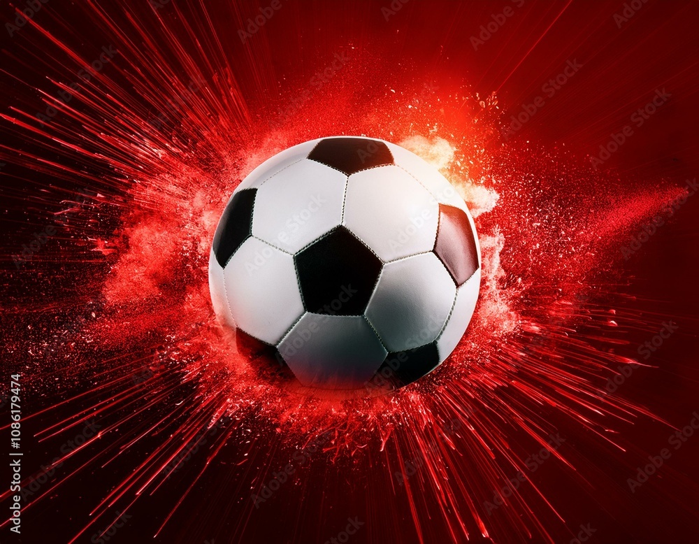 Obraz premium soccer ball on red explosive background intense and powerful concept of a soccer ball with red splashes copy space banner advertising