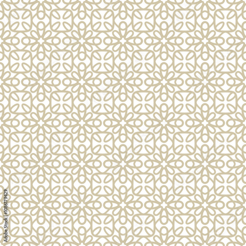 Simple vector golden seamless pattern. Abstract floral geometric ornament. Black and white modern background texture with curved lines, flower silhouettes, grid, lattice. Repeated luxury geo design