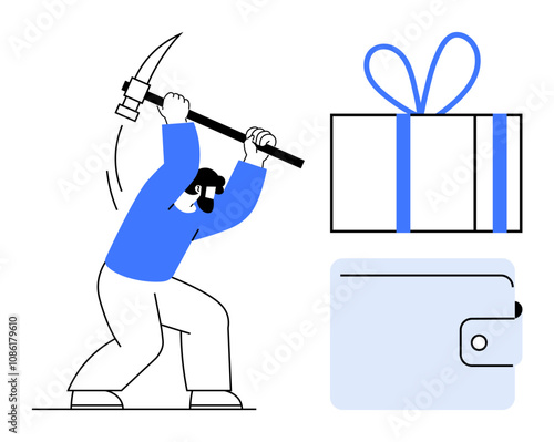 Man with pickaxe mining near large gift box and wallet. Ideal for finance, rewards, mining, cryptocurrency, investments, savings, and bonuses. Line metaphor