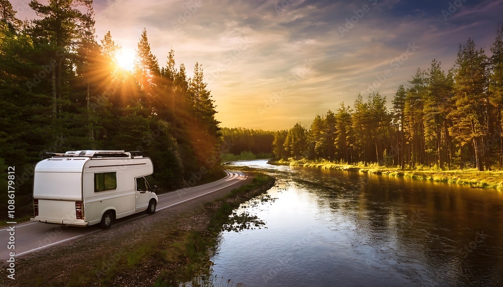 A camper van travels through a peaceful pine forest alongside a winding river during sunset. Generative AI A camper van travels through a peaceful pine forest alongside a winding river during sunset. Generative AI