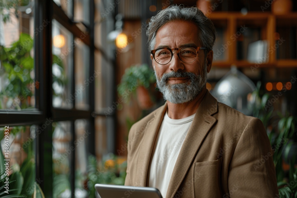 Obraz premium Confident middle-aged businessman using digital tablet in modern office lobby