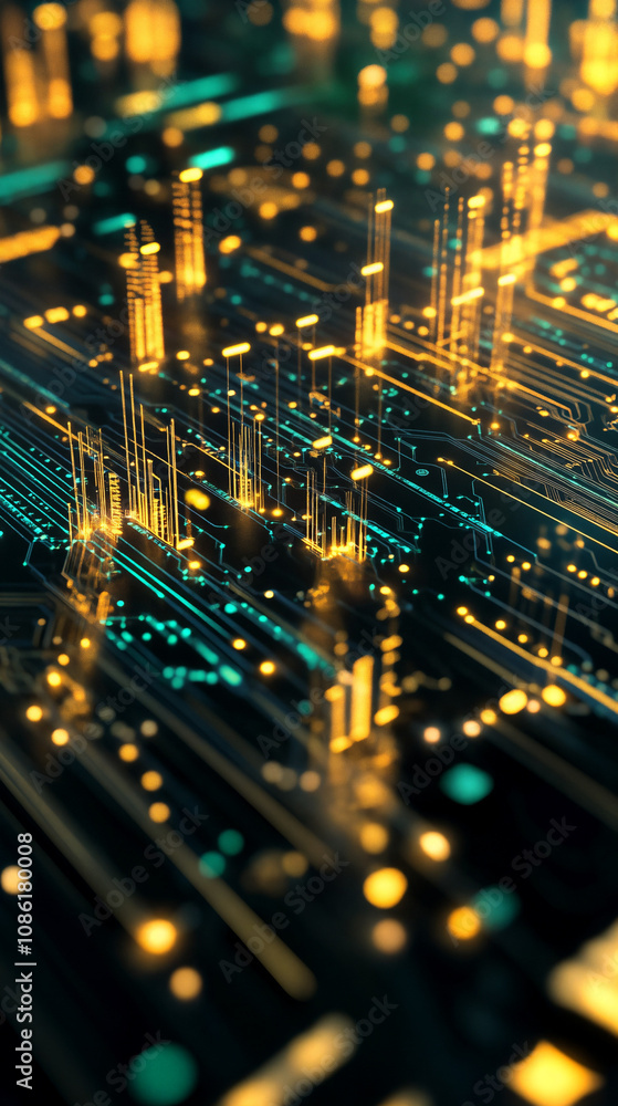 Futuristic Circuit Board with Glowing Data Pathways and Bar Charts Futuristic Circuit Board with Glowing Data Pathways and Bar Charts