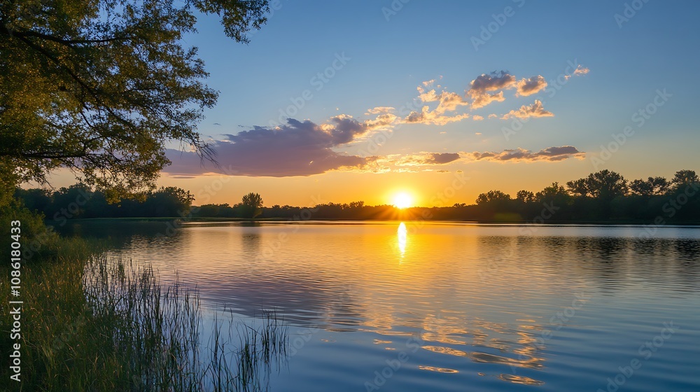 Obraz premium Sunset over calm lake. Nature landscape photography.