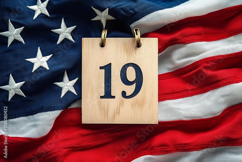 Wooden Calendar Blocks Displaying June 19 for Juneteenth Independence Day Celebration with American Flag photo