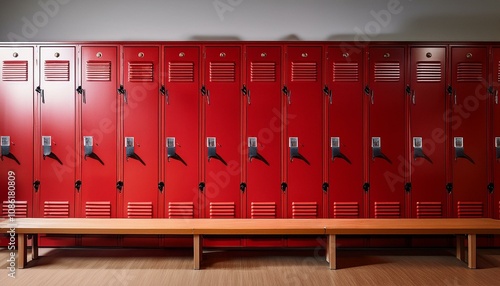 vibrant red lockers in modern locker room featuring wooden bench drone photography of stylish athletic space