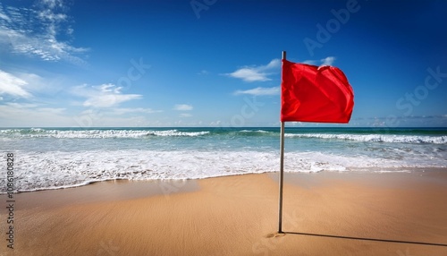 vibrant red flag on sandy beach with blue skies and foamy waves caution sign in tilt shift photography photo