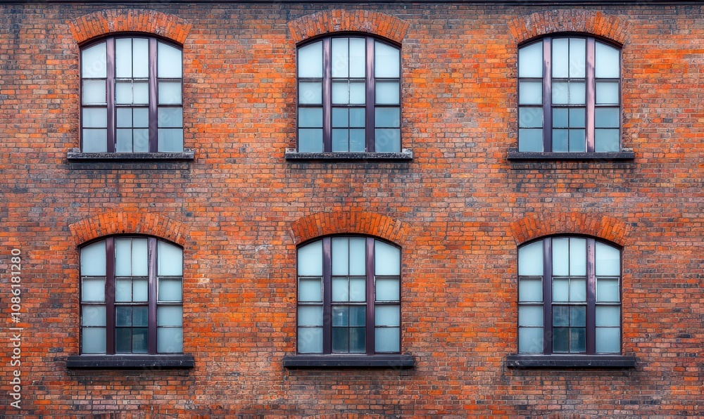 Old brick wall showing multiple windows on building facade, architectural detail background Old brick wall showing multiple windows on building facade, architectural detail background