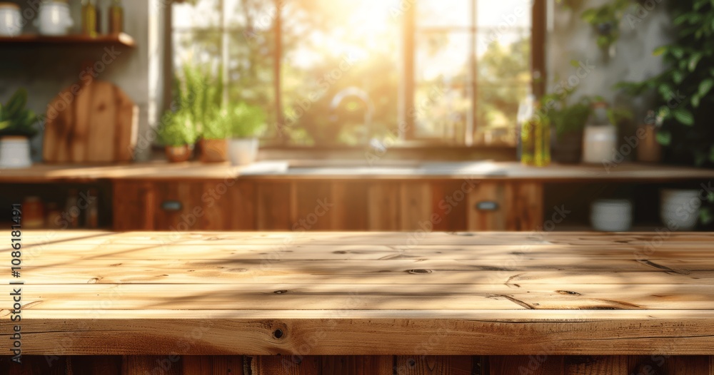 Rustic Wooden Table with Sunny Kitchen Background Rustic Wooden Table with Sunny Kitchen Background
