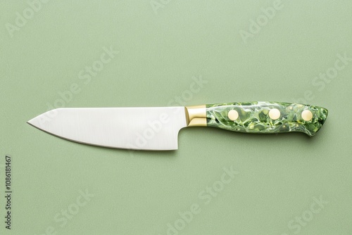 Chef's knife featuring a marbled acrylic handle, accented with brass rivets and a unique paint pattern, set against a deep olive backdrop. photo