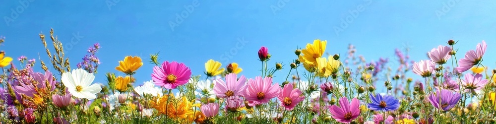 vibrant wildflower meadow colorful flowers blue sky springtime landscape blooming nature vibrant wildflower meadow colorful flowers blue sky springtime landscape blooming nature