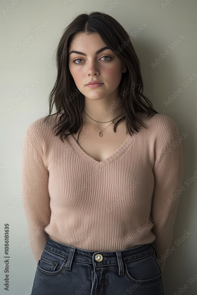 Emotional Portrait of a Young Woman in a Cozy Sweater, Reflecting Sadness and Serenity in a Minimalist Setting Emotional Portrait of a Young Woman in a Cozy Sweater, Reflecting Sadness and Serenity in a Minimalist Setting