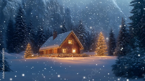 A Cozy Cabin Adorned with Lights in a Snowy Forest