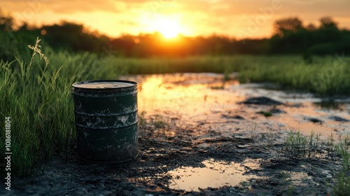 PFAS chemical container on the ground near a wetland during sunset, highlighting environmental contamination issues.