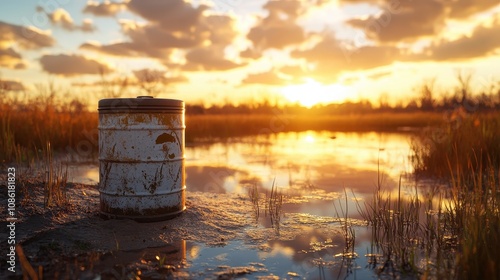 PFAS chemical container on the ground near a wetland during sunset, highlighting environmental contamination issues.