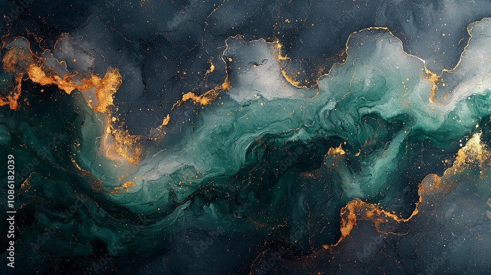 Abstract fluid art featuring swirling colors of teal, gold, and gray. Abstract fluid art featuring swirling colors of teal, gold, and gray.