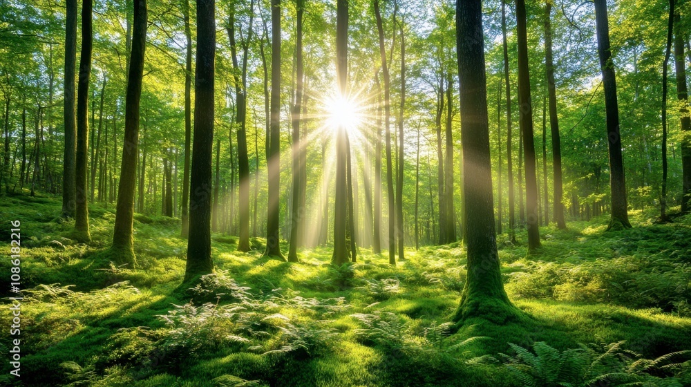 Obraz premium Sunlight Streaming Through Lush Green Forest