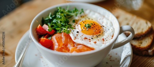 Breakfast Table Setting with Eggs Salmon Vegetables and Toasted Bread in a Coffee Cup