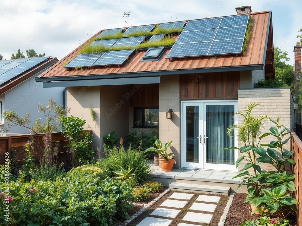 Fototapeta premium A modern solar-powered house with a green rooftop garden, energy-efficient, architecture
