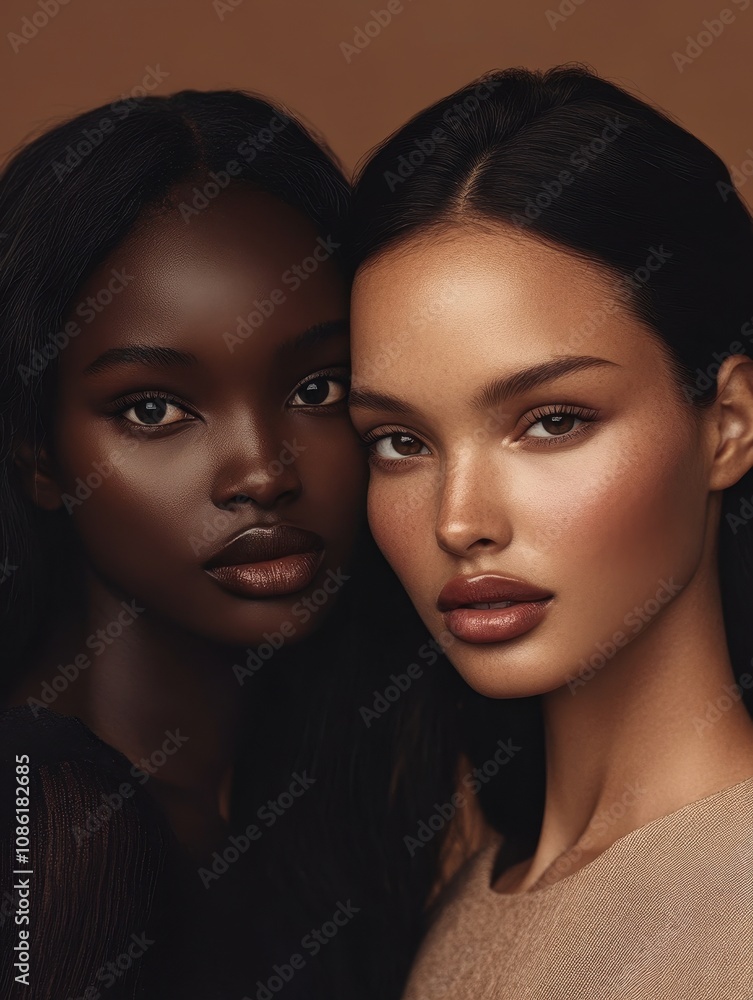 Portrait of multiracial women in studio looking at camera over brown background. Portrait of multiracial women in studio looking at camera over brown background.