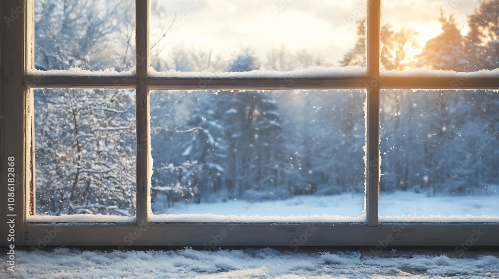 Fototapeta premium Snowy Winter Landscape Seen Through Window