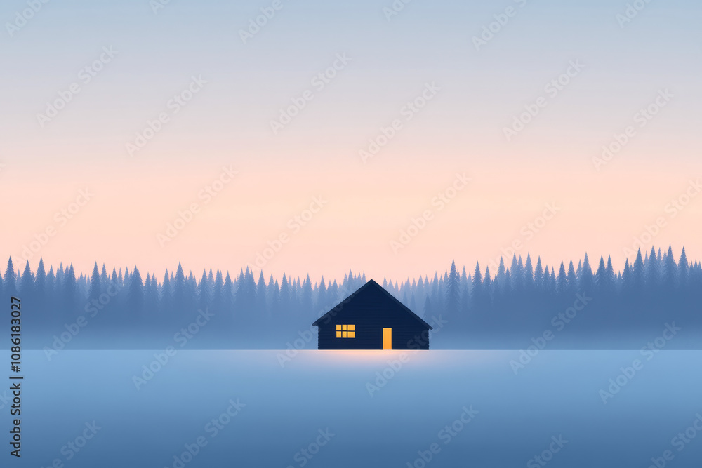 A small cabin is in the middle of a snowy forest A small cabin is in the middle of a snowy forest