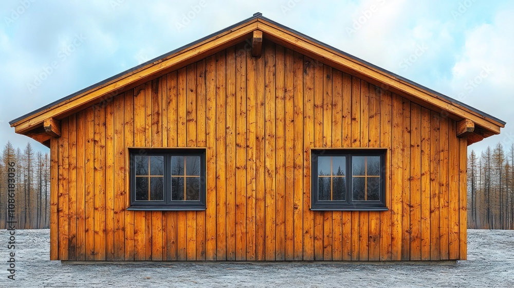 Wooden cabin with large windows in a serene outdoor setting. Wooden cabin with large windows in a serene outdoor setting.