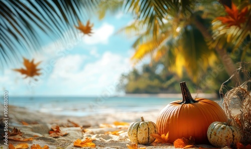 Pumpkin decoration on tropical beach under palm trees, autumn thanksgiving holiday special offer