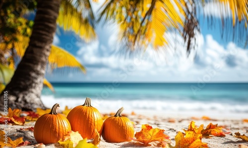 Pumpkin decoration on tropical beach under palm trees, autumn thanksgiving holiday special offer photo