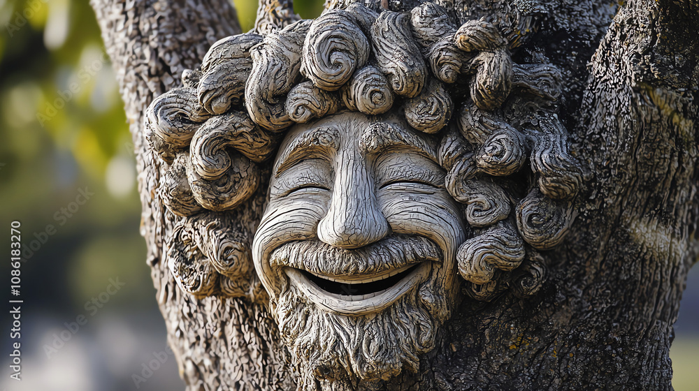 Tree trunk adorned with a humorously expressive laugh-cry meme face in a sunny outdoor setting surrounded by vibrant foliage Tree trunk adorned with a humorously expressive laugh-cry meme face in a sunny outdoor setting surrounded by vibrant foliage