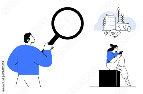 Individual holding magnifying glass near food items including fish, cheese, milk, and wheat. Another person sits and reads on a smartphone. Ideal for food inspection, nutrition, research, quality