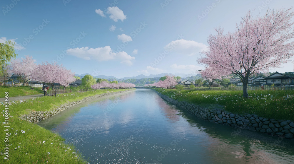 Scenic Riverbank Lined with Blooming Trees and Green Fields Scenic Riverbank Lined with Blooming Trees and Green Fields